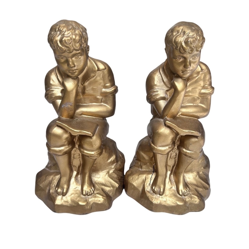 Vintage Gold Boy Reading Book on Rock Bookends Pair Library‎ Decor Figurines